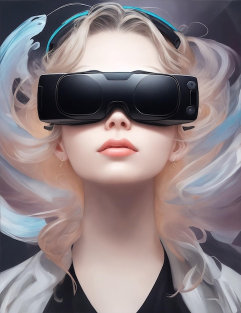 mooie vrouw die een VR-glas draagt op kunstgalerie baackground futuristisch virtual reality-thema