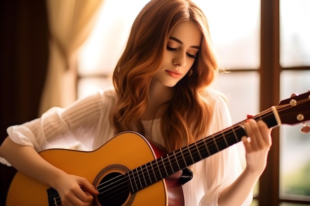 Mooie vrouw die het akoestische lied zingt en gitaar speelt