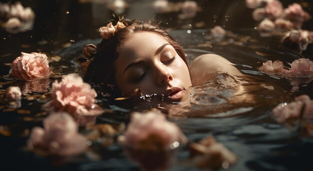 Foto mooie vrouw die in water drijft met bloemen generatieve ai