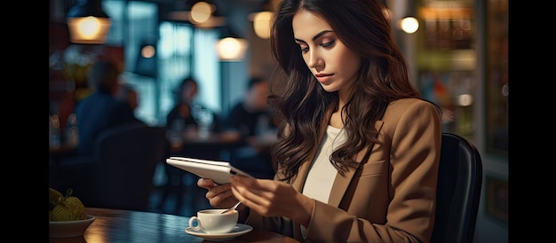 Mooie vrouw die nieuws online leest in café