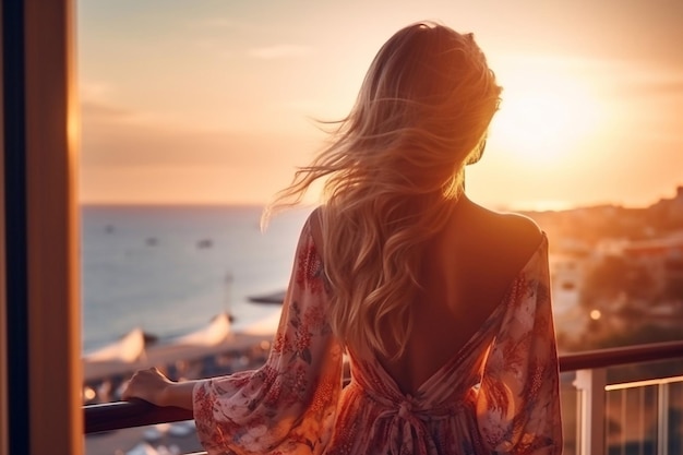 Mooie vrouw die staat en geniet van het grote balkon bij zonsondergang met uitzicht op de zee