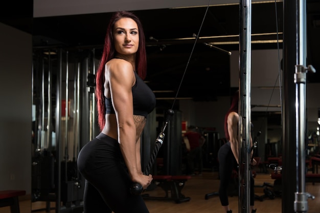 Mooie vrouw die triceps op machine uitoefent