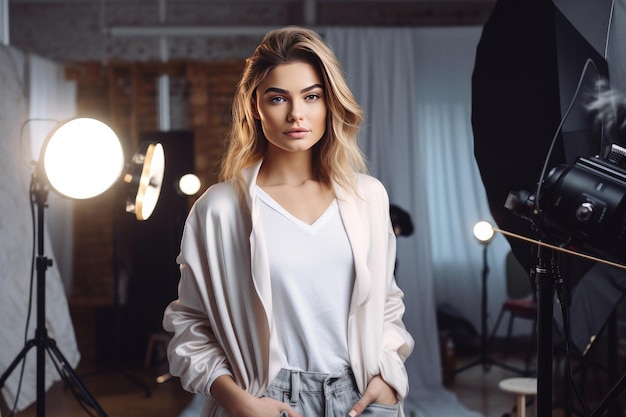 Mooie vrouw fotomodel poseren voor mode-fotoshoot