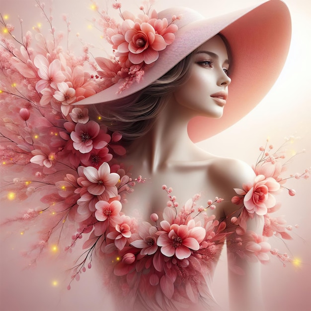 Mooie vrouw geïntegreerd met bloeiende roze kleuren bloemen Bloeiende tijd concept
