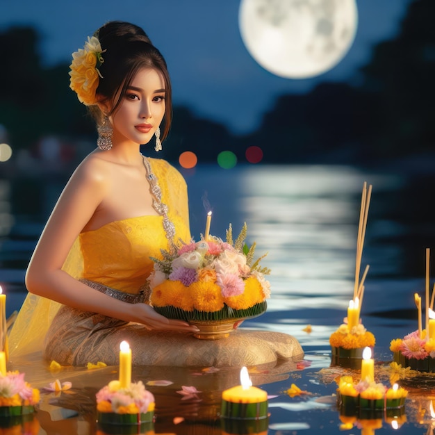 mooie vrouw, gekleed in een gele Thaise jurk, drijft een Krathong naast de rivier op een nacht met volle maan