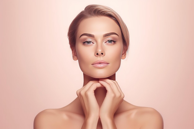 Mooie vrouw gezonde huidverzorging concept portret met handen close-up lichte pastel achtergrond