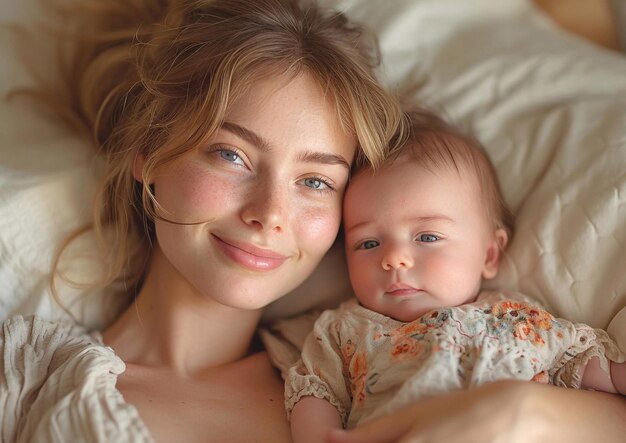 Foto mooie vrouw in bed met haar eerste pasgeboren baby gelukkige moederschap en gezinsconcept