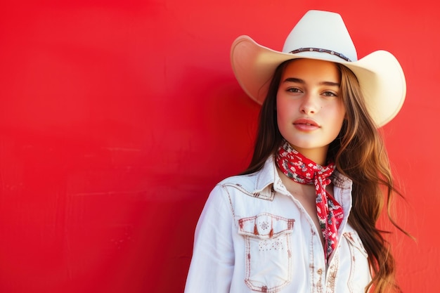 Mooie vrouw in cowboy stijl op rode achtergrond