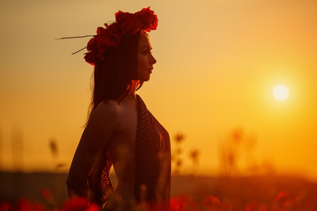 mooie vrouw in Descriptie ... bij zonsondergang