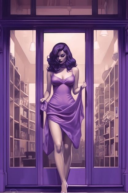 Mooie vrouw in een paarse jurk loopt door een deuropening