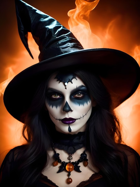 Mooie vrouw in heksenkostuum met Halloween-make-up Halloween-kaarspompoenen en vleermuizen