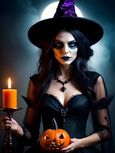 Mooie vrouw in heksenkostuum met Halloween-make-up Halloween-kaarspompoenen en vleermuizen