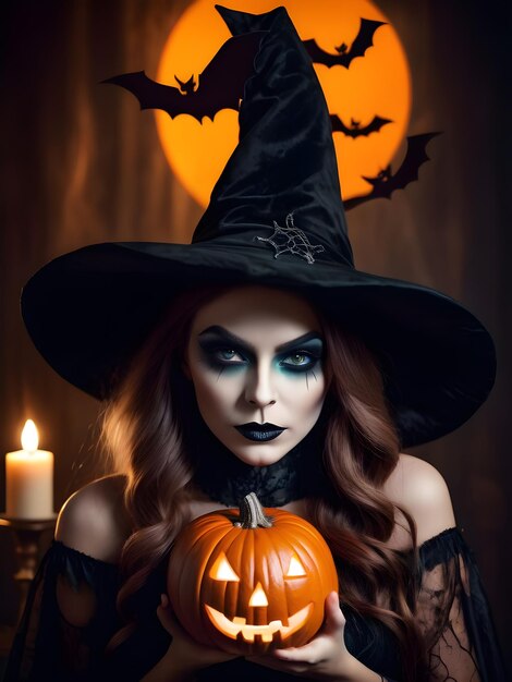 Mooie vrouw in heksenkostuum met Halloween-make-up Halloween-kaarspompoenen en vleermuizen