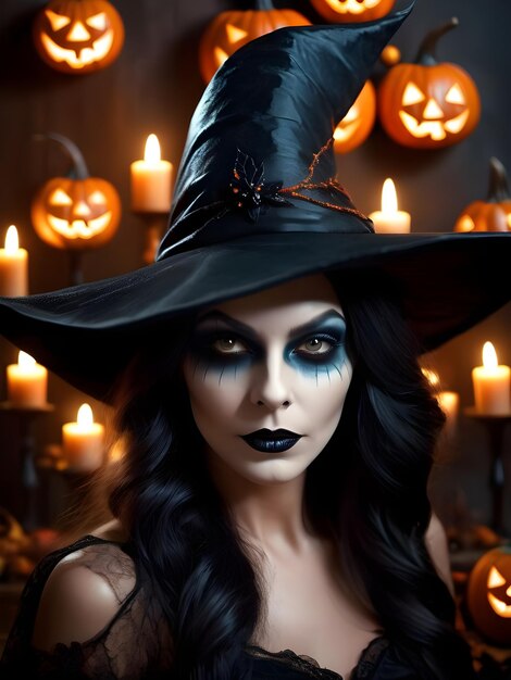 Mooie vrouw in heksenkostuum met Halloween-make-up Halloween-kaarspompoenen en vleermuizen