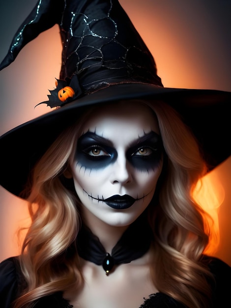 Mooie vrouw in heksenkostuum met Halloween-make-up Halloween-kaarspompoenen en vleermuizen