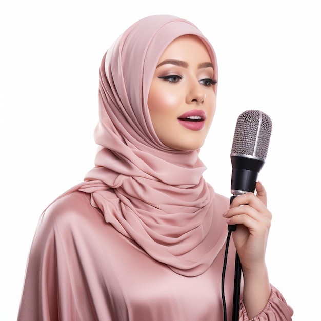 Mooie vrouw in hijab die zingt met een geïsoleerde achtergrond