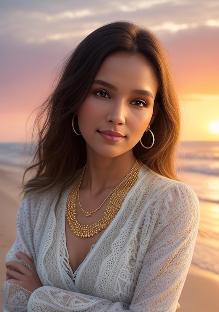 Mooie vrouw in lichtgekleurde jurk op het strand met zonsondergang Generatieve AI