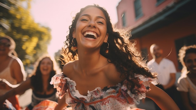 Mooie vrouw in rode jurk staande voor kleurrijke vlaggen Hispanic Heritage Month