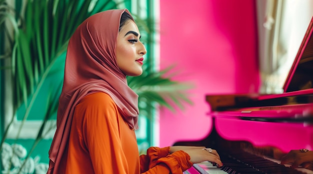 Mooie vrouw in traditionele islamitische kleding speelt piano.