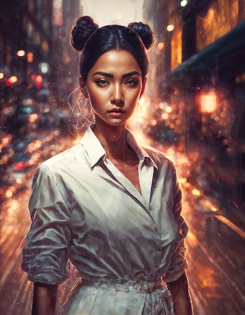 Mooie vrouw in wit overhemd 's nachts straat generatieve AI