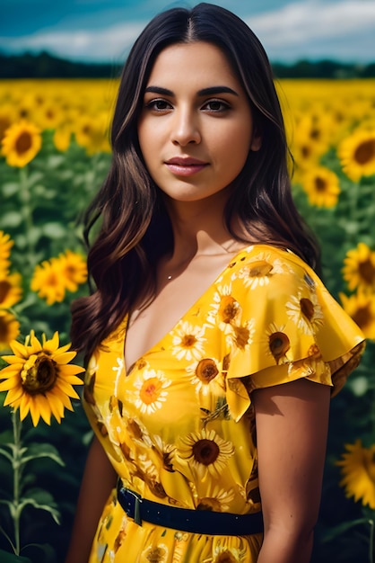 Mooie vrouw in zonnebloem jurk poseren met zonnebloemen