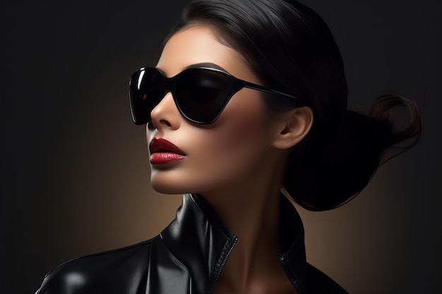 mooie vrouw in zwart leren jas en zonnebril