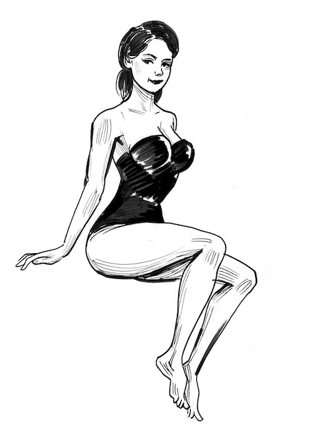 Mooie vrouw in zwempak. Inkt zwart-wit tekening