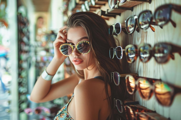 Mooie vrouw kiest een zonnebril in de winkel.