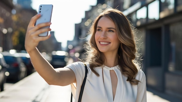 Mooie vrouw maakt een selfie op haar nieuwe smartphone buiten in de stad op een zonnige dag