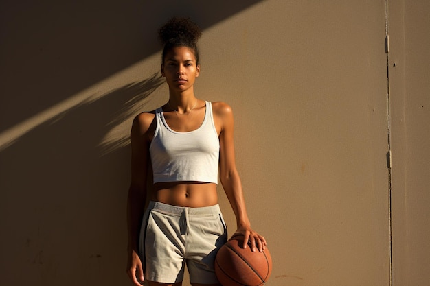 Foto mooie vrouw met basketbal op mode-stijl achtergrond overdag