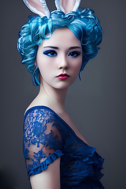 Mooie vrouw met blauwe jurk en blauw haar