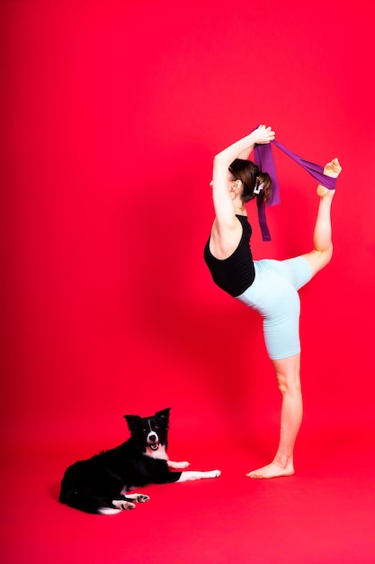 Mooie vrouw met border collie in studio gele en rode achtergrond