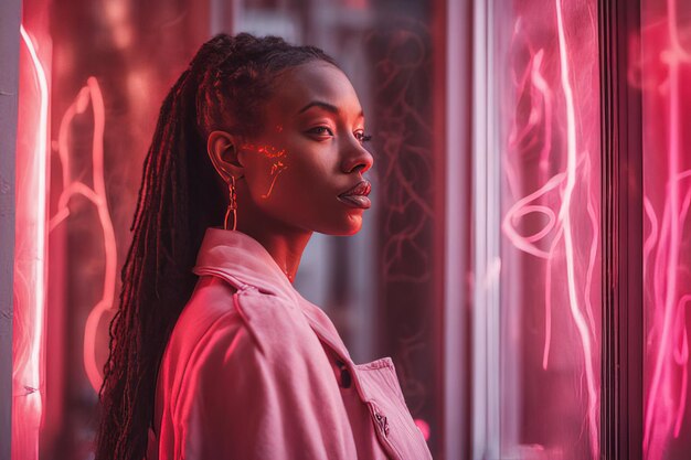 mooie vrouw met dreadlocks poseren voor raam