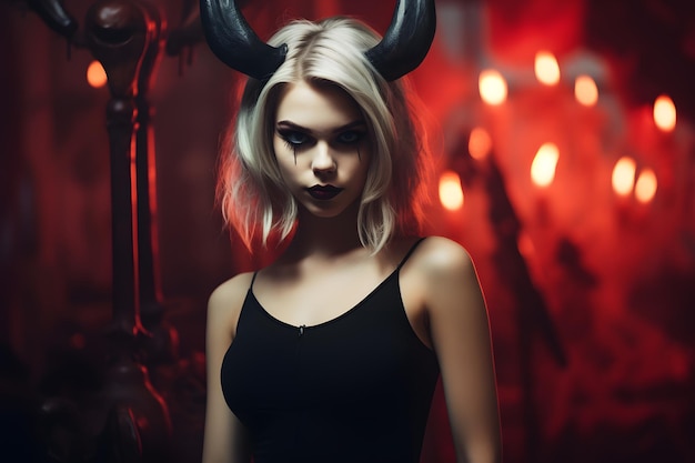 mooie vrouw met duivels hoorns demonische ogen met een halloween kostuum spookachtig huis achtergrond