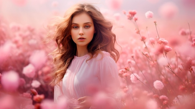 mooie vrouw met een boeket bloemen in het voorjaar voorjaar landschap hoge kwaliteit foto