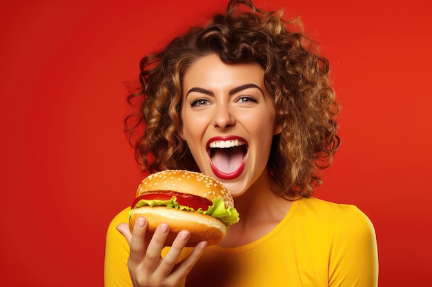 Mooie vrouw met een cheeseburger die ongezonde eetgewoonten benadrukt op een rode achtergrond