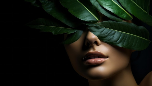 Mooie vrouw met een groen blad over haar gezicht lichte cosmetische make-up gezichtsverzorging