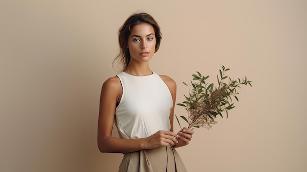 Mooie vrouw met een plant op studio achtergrond organische cosmetica concept ai gegenereerd