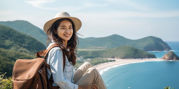 Mooie vrouw met een rugzak reist rond een tropisch eiland en rust op een bergtop op een zonnige zomerdag