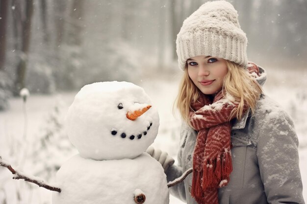 Mooie vrouw met een sneeuwman in de winter.