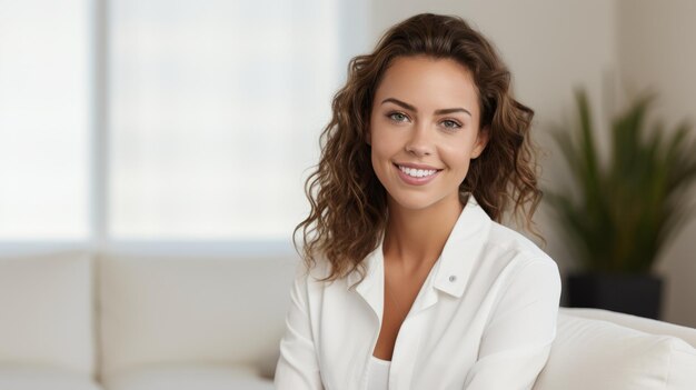 Mooie vrouw met een stralende glimlach leunend op een witte bank thuis