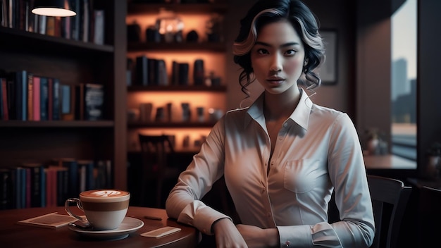 Mooie vrouw met een wit hemd met lange mouwen die in een koffieshop zit