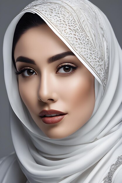 Mooie vrouw met een witte hijab, elegante hijab.