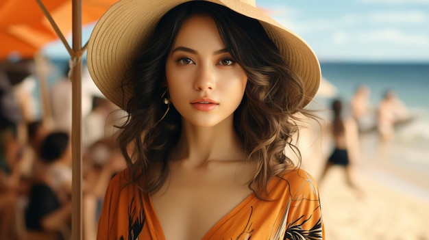 Mooie vrouw met een zonnebril en een hoed op een zonnige dag op het strand Gezicht close-up AI gegenereerd