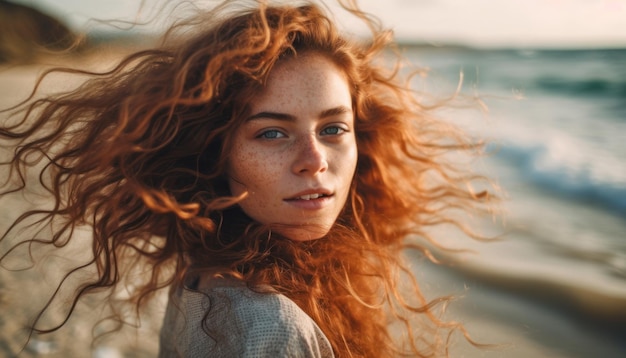 Mooie vrouw met fladderend haar op het strand