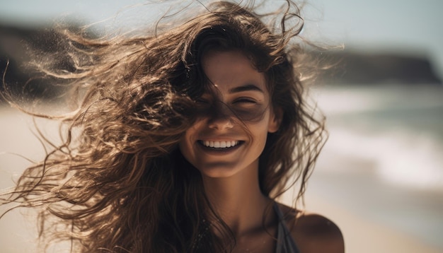 Mooie vrouw met fladderend haar op het strand