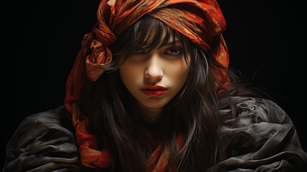 mooie vrouw met hoofddoek op hoofd tegen zwarte achtergrond