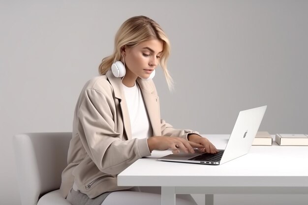 Mooie vrouw met hoofdtelefoon met behulp van laptop tegen witte muur