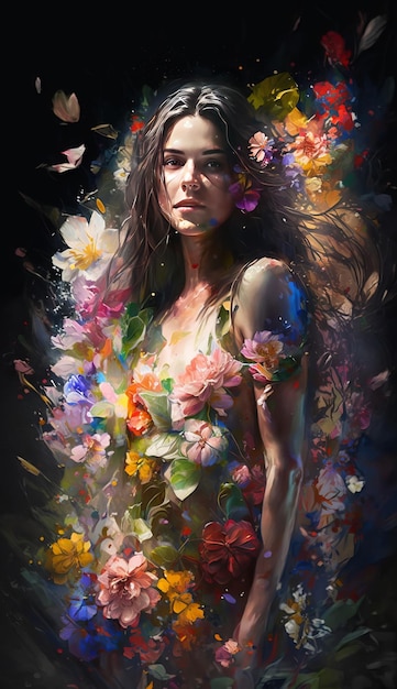 Mooie vrouw met kleurrijke bloemen. Generatieve AI.