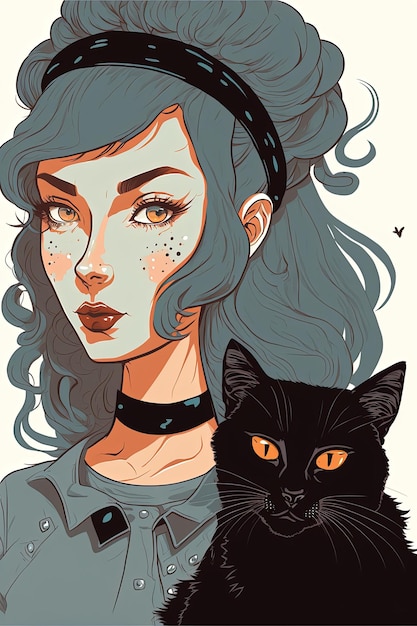 Foto mooie vrouw met lang haar met een zwarte kat illustratie generatieve ai